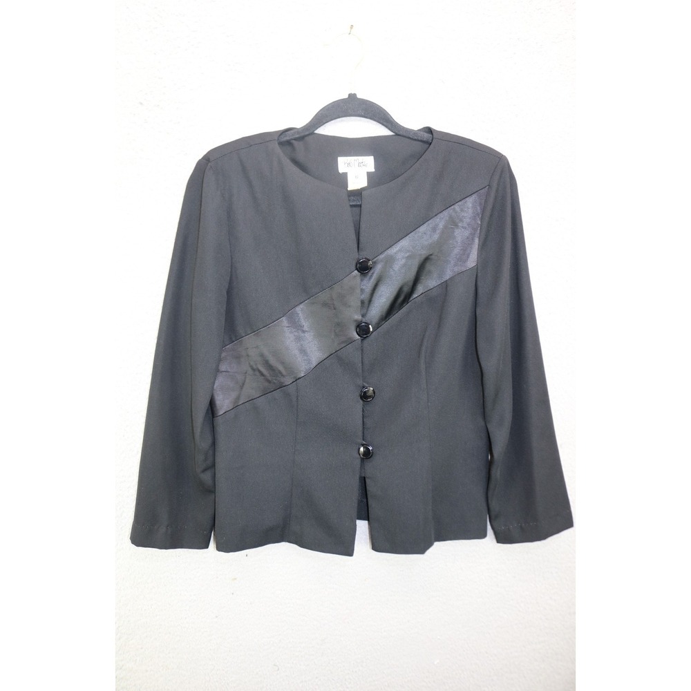 Vintage Bob Mackie Studio Black Button-Up Blazer-Long Sleeves-Sz 6-Satin Stripe
